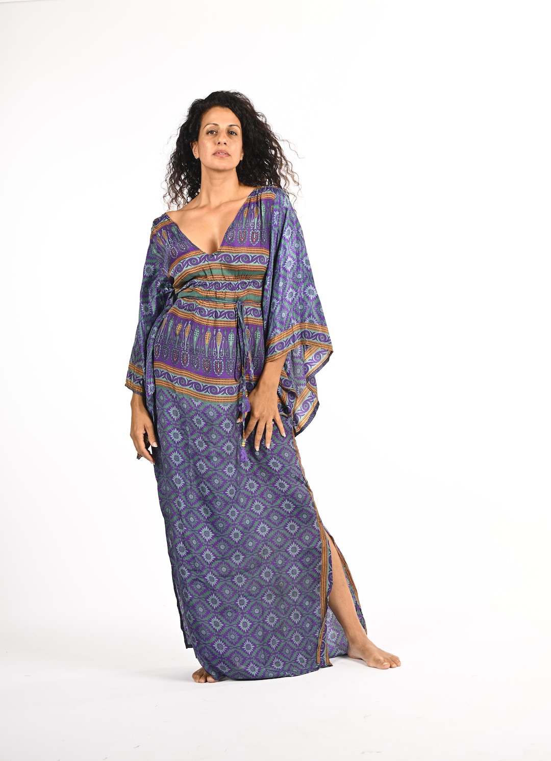 Metallic Purple Kaftan Dress with Beaded Neck Embellishment