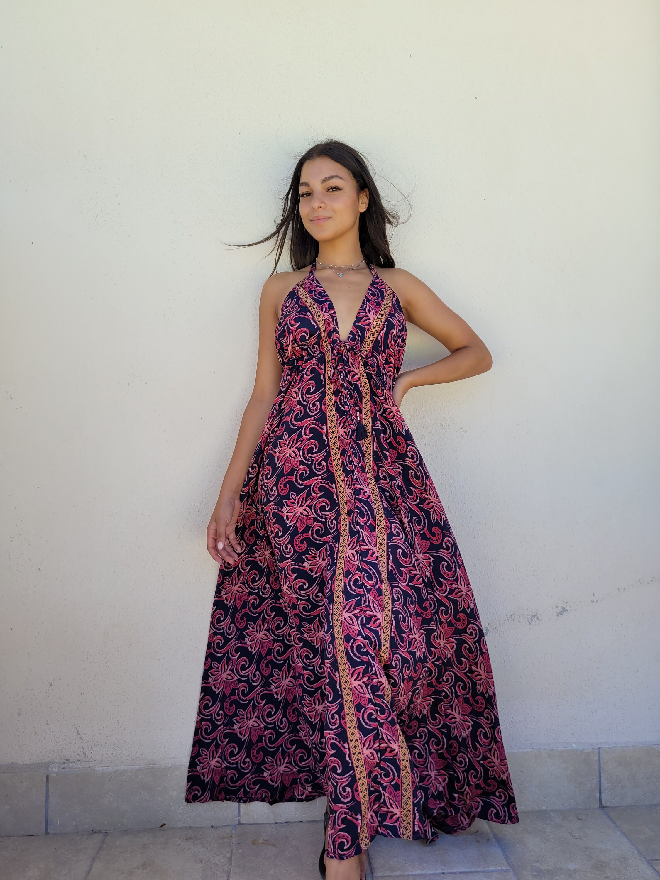hippie backless halter dress Backless Dress Long Maxi Beach Dresses Hippie Backless Halter Dress Blue S