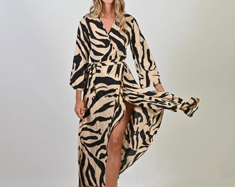 Boho Silk Blend Maxi Wrap Dress for Women – Elegant Zebra Print Beach Dress, Long Sleeve Flowy Vacation Dress, Bohemian Resort Wear