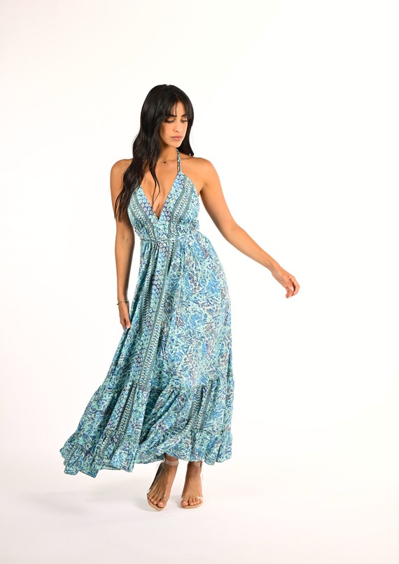 Robe d'été longue bleu clair pour femme Robe bohème maxi dos