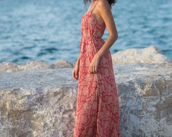 Coral long dress for woman/sleeveless dress/maxi printed dress/bohemian clothing/boho dress/beach wear/summer