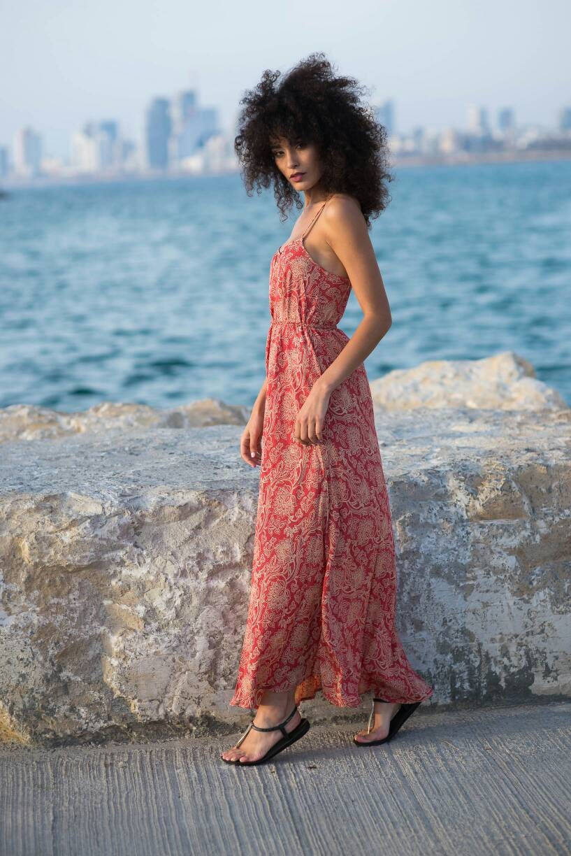 Coral Long Dress for Woman sleeveless Dress maxi Printed Dress