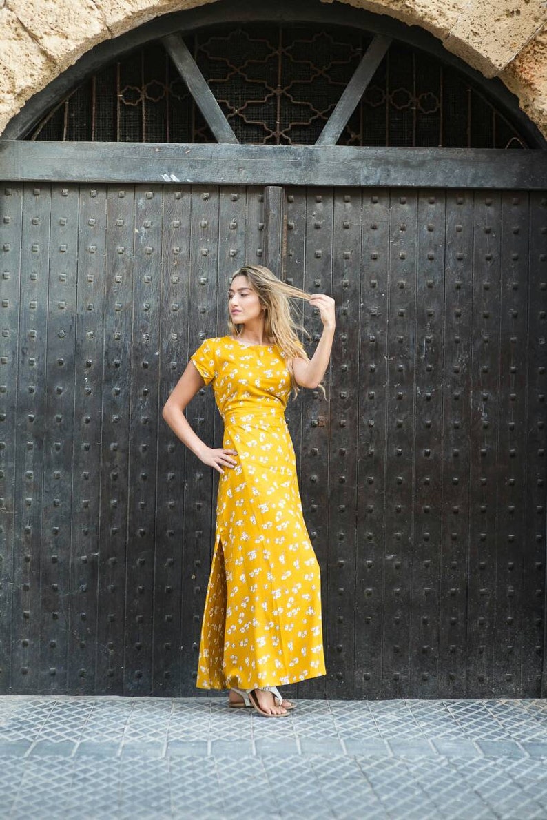 long yellow dress for woman with floral print/summer dress/dress with sleeves/slits dress/casual dress/bohemian dresses image 1