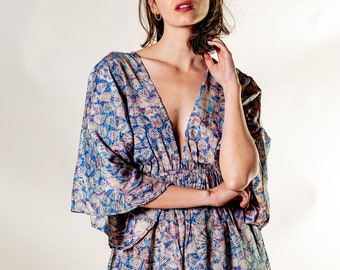Caftan boho court pour femme | Robe à dos ouvert | Robe à col en V profond | Robe kimono courte | Robe bleue | robe de maternité et de grossesse