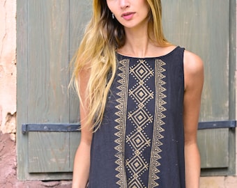 Block printed cotton dress for woman | Tribal style dress | Hippie loose A shape dress | Festival, Earth clothing | Raw cotton midi dress