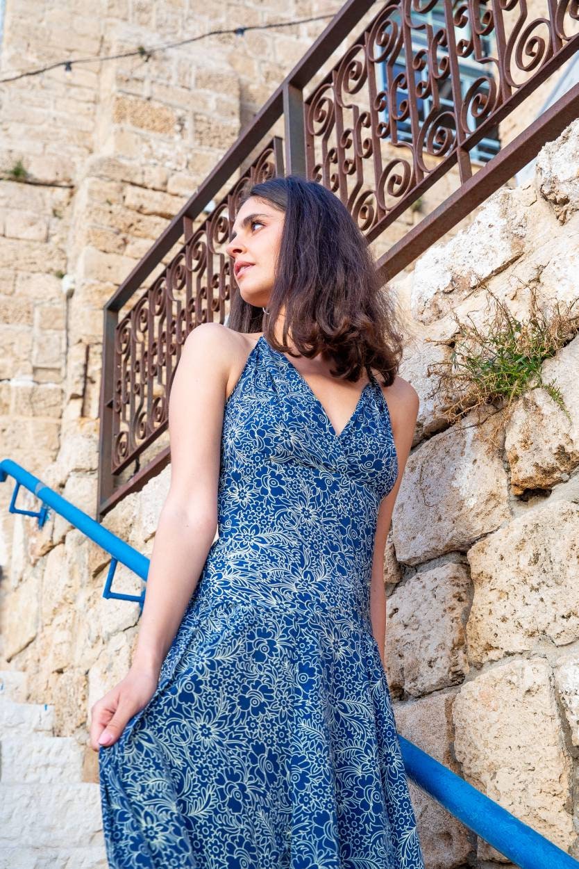 Buy Long Blue Halter Dress Blue Floral Print | Boho Maxi Dress for Woman  With Open Back | Frill Dress | Backless Dress |long Summer Dress Online in  India - Etsy