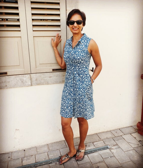 Short Cotton Dress for Woman in Ikat Print, Office Dress, Mini Button Dress with Pockets, Black and White, Blue and White, Casual, Formal