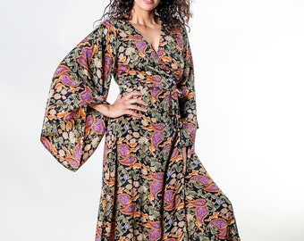 Wrap around boho maxi dress in floral print | Long dress with sleeves | Kimono maxi dress | Hippie dress | Evening modest dress | Festival