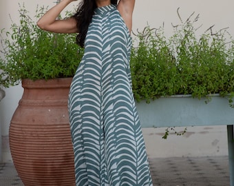 Boho Jumpsuit med vida ben – Sommarklänning med rygglös sparkdräkt, skärp och fickor