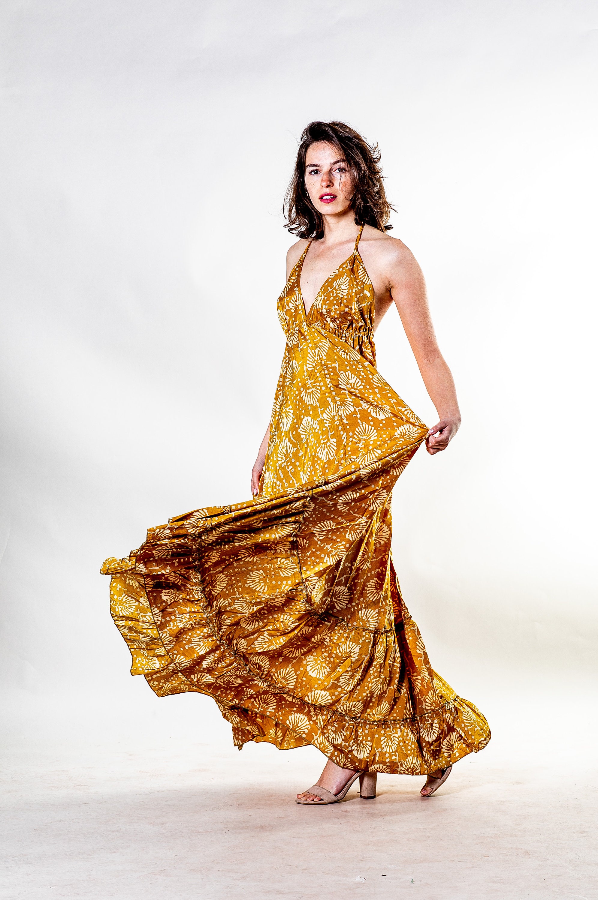 mustard maxi dress boho Slaydiva Plus Size Women's Mustard Yellow Summer Boho Vacation Holiday V-Neck Half-Placket Short Sleeve Ruffle Hem Maxi Dress,Elegant Beach Daily Wear Outfit