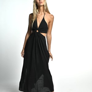 Long black cut out dress for woman | Boho summer open back dress | Backless halter sexy dress | Rave and festival clothing | Sexy hippie