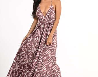 Black And White Boho Long Dress In Geometric Print | Slip Maxi Open Back Dress | Sleeveless Halter Backless Dress In Deep V Neck Cut