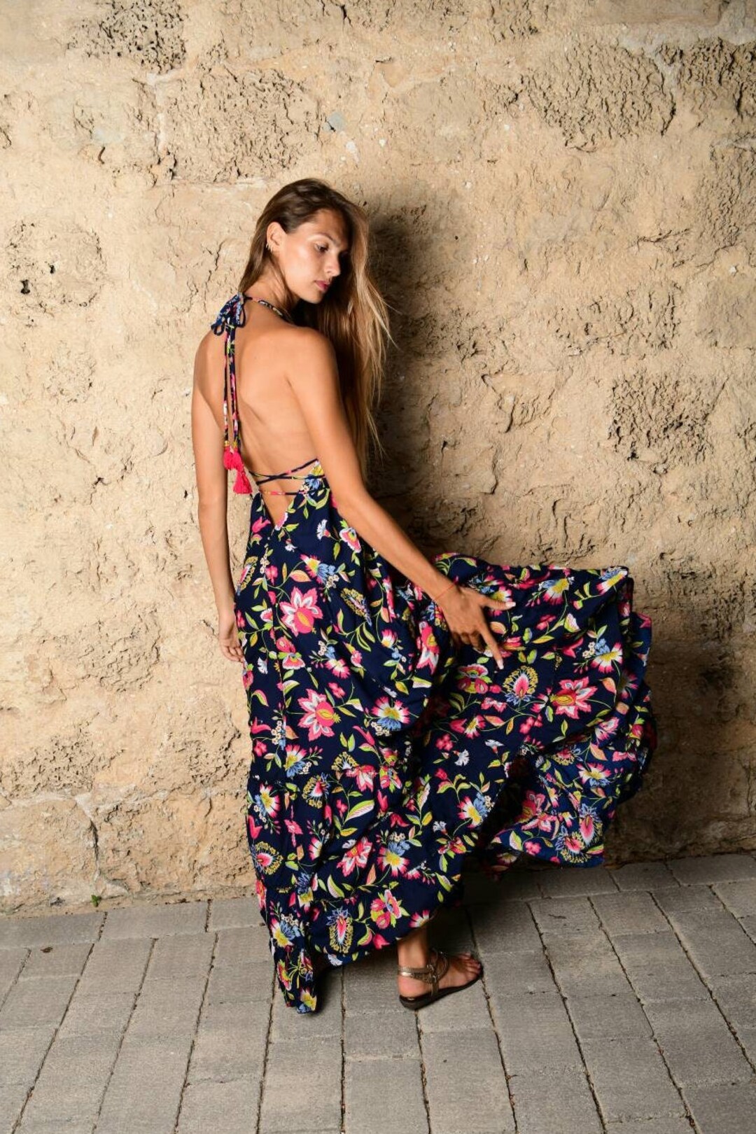 elegantly inclined cream and coral floral print wrap maxi dress Maison Tara Women's Plus Size 3/4 Sleeve V-Neck Floral Print Chiffon Maxi Dress, 14W main image 1