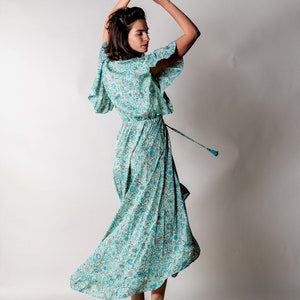 Asymmetrical boho summer dress for woman Green / Blue floral dress Hippie fesrtival dress for vacation. Long boho dress with sleeves image 3