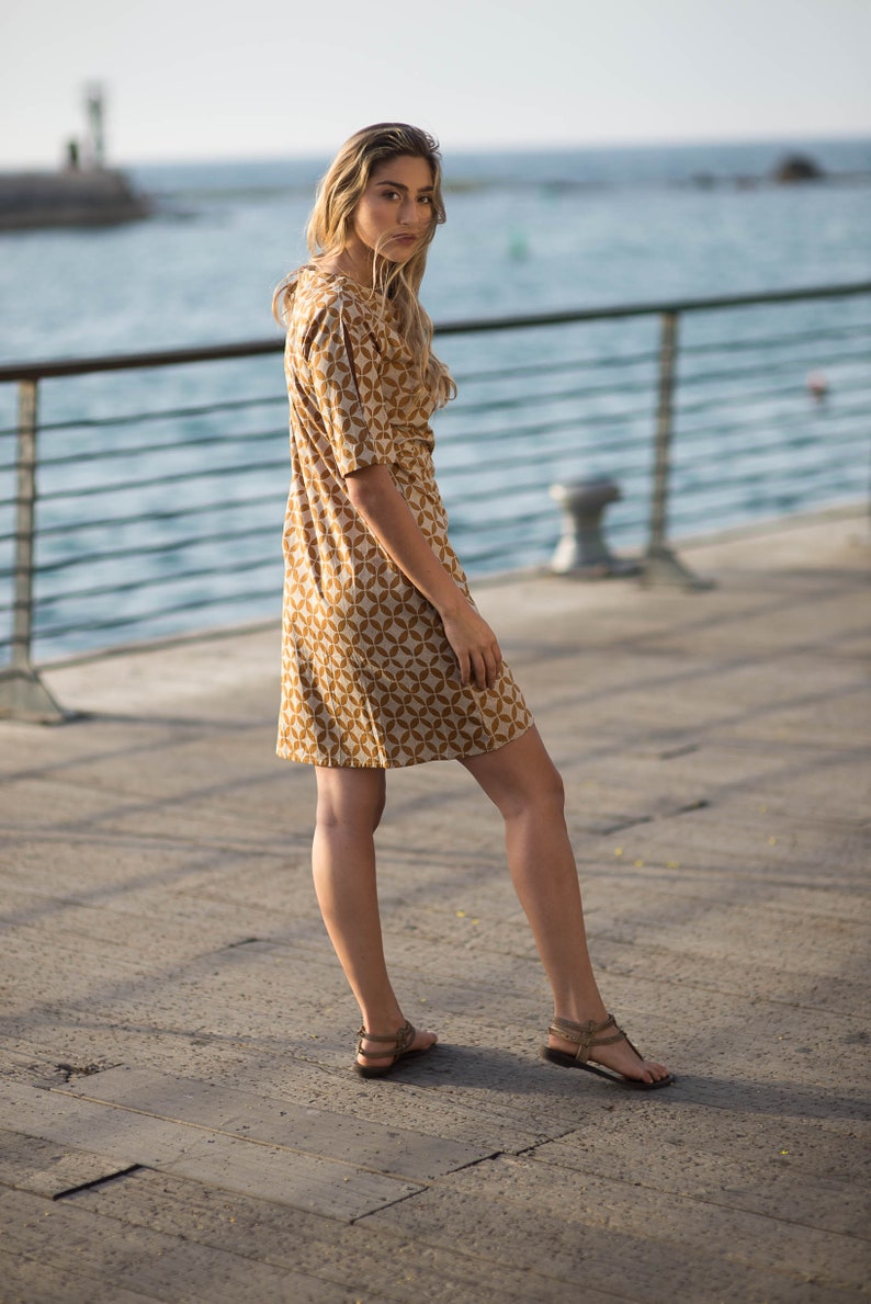 pockets Cotton mini dress with sleeves for woman casual dress short summer dress dress for the office natural fabric modest dress