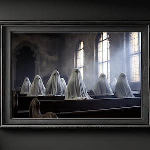 Ghosts in the Pews Poster, Ghost Wall Art, Ghost Print, Ghost Wall Decor, Spooky Print, Halloween Art, Creepy Wall Art, Weirdcore, Gothic