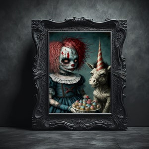 Spooky Clown & Unicorn Poster, Horror Wall Art, Clowncore, Weirdcore Home Decor, Scary Art Print, Horror Decor, Dark Art Gift, Eccentric Art