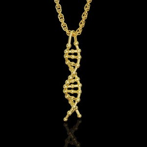 Può includere: Una collana color oro con un ciondolo a forma di doppia elica di DNA. Il ciondolo è sospeso a una delicata catena color oro testurizzata. Il design è composto da due filamenti intrecciati collegati da pioli orizzontali.