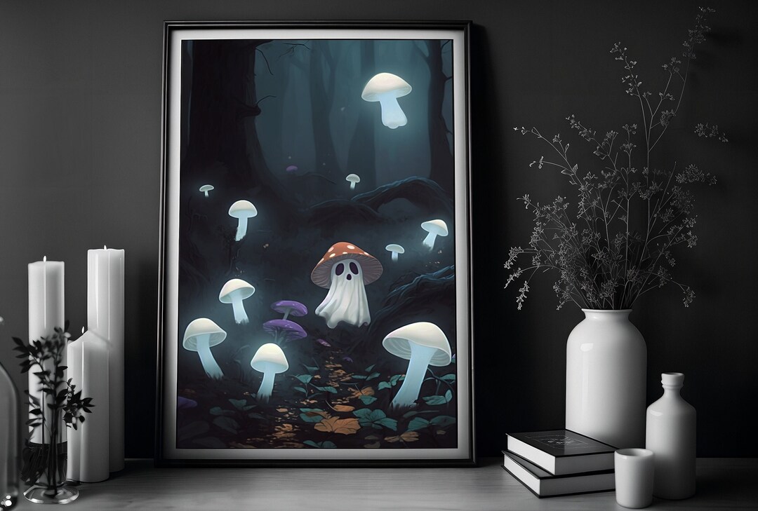 Creepy Cute Ghost & Mushroom Forest Poster, Ghost Wall Art, Ghost Lover ...