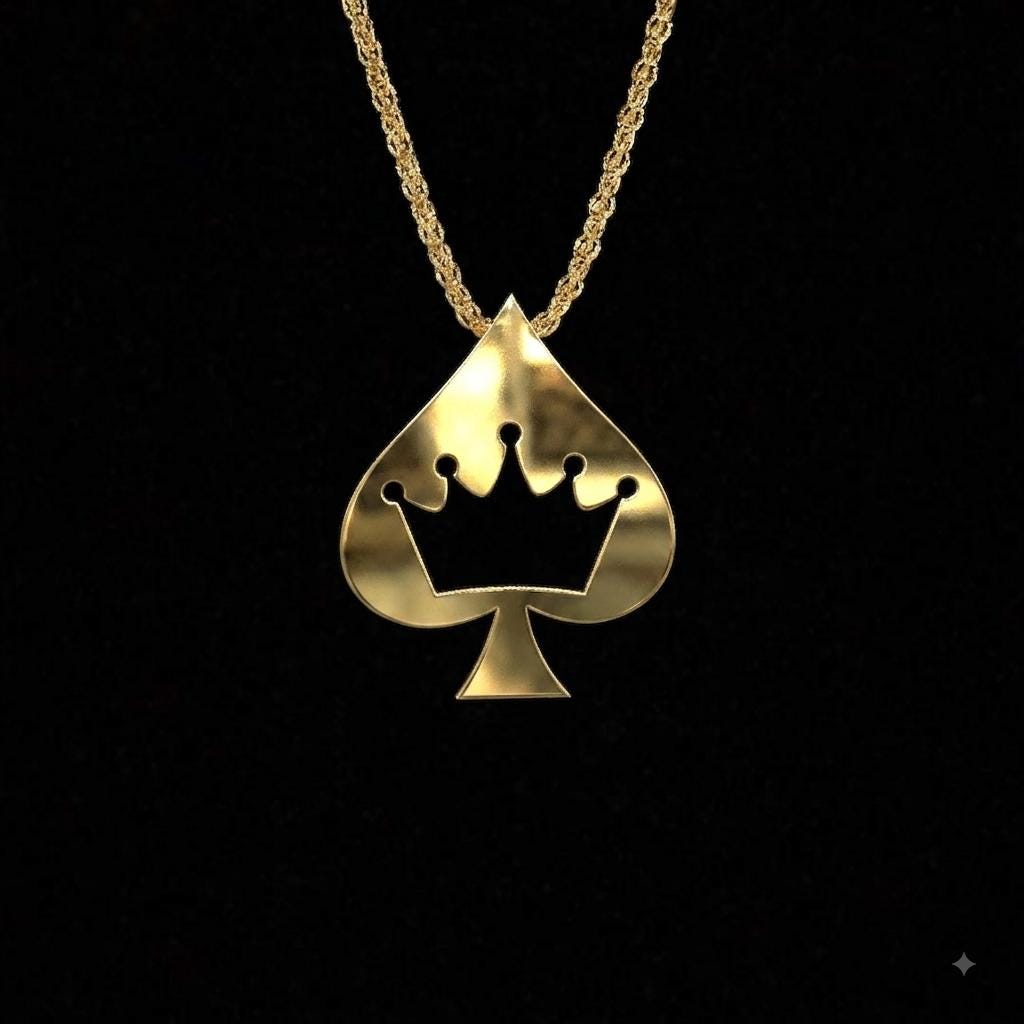 QOS Queen of Spades Crown Charm Pendant in Solid Gold or Sterling Silver