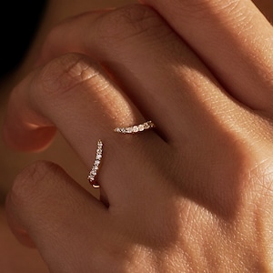 14k Gold Diamond Wedding Band: Curved Stacking Open Promise Ring