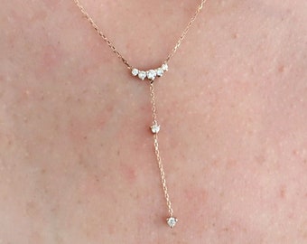 Diamond Lariat Drop Chain Necklace, Diamond Y Necklace in 14k Solid Gold, Simple Diamond Y Necklace, Dainty Gold Diamond Lariat Necklace