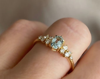 Aquamarine and Diamond Engagement Ring, Oval Aquamarine Wedding Ring. Solid Gold Diamond Cluster Ring, Minimalist Aquamarine Birthstone Ring