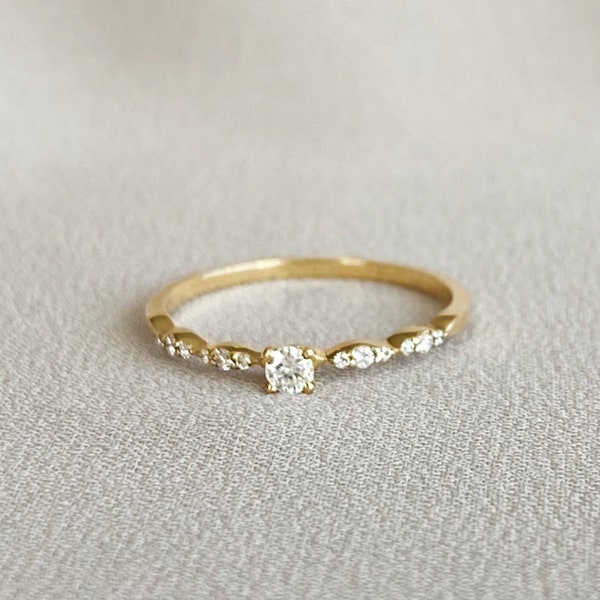 Vintage Diamond Engagement Ring with Marquise Shape Band Solid Gold, Minimalist Diamond Wedding Ring, Tiny Diamond Solitaire Stacking Ring