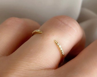 Natural Diamond Open Cuff Claw Ring 14k Gold, Minimal Dainty Stacking Band For Women, Open Diamond Wedding Ring, Thin Gold Stackable Ring