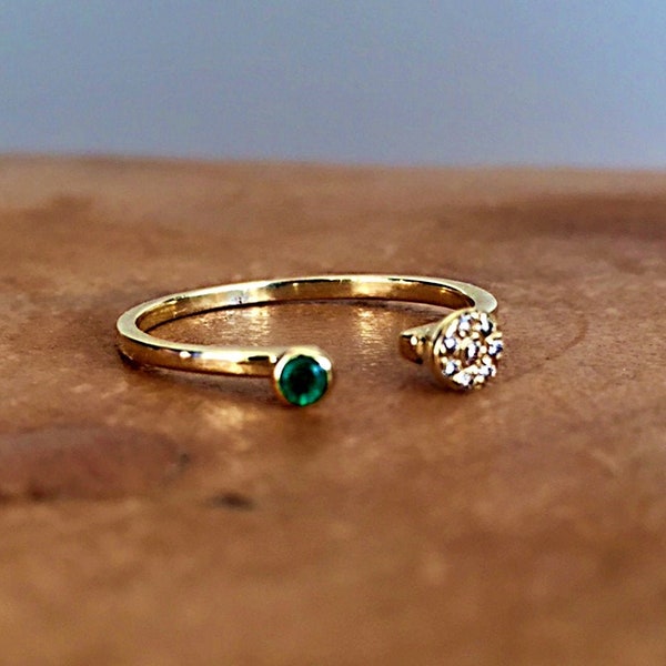 Anillo abierto con gemas de diamante, anillo minimalista apilable con rubí, esmeralda y zafiro, joyería con piedras de nacimiento.