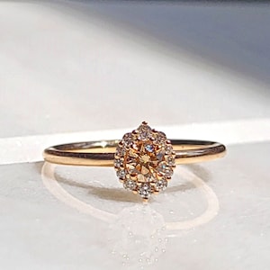Brown Cognac Diamond Halo Engagement Ring Solid Gold, Minimalist Natural Diamond Wedding Ring 14k Gold, Diamond Bridal Ring, Promise Ring