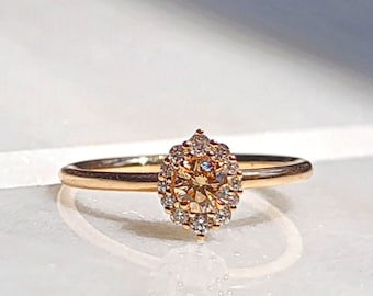 Brown Cognac Diamond Halo Engagement Ring Solid Gold, Minimalist Natural Diamond Wedding Ring 14k Gold, Diamond Bridal Ring, Promise Ring