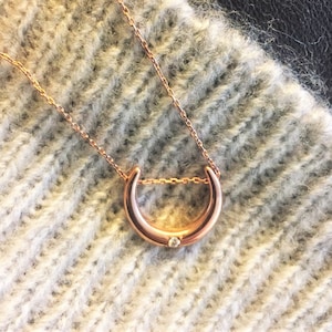 Diamond Circle Necklace, 14k Gold Moon Necklace, Diamond Crescent Pendant, Solid Gold Necklace For Women, Minimalist Crescent Moon Necklace