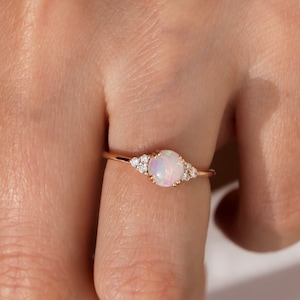 Opal Diamond Wedding Engagement Ring, 14k Solid Gold Natural Opal Engagement Ring, Opal Diamond Promise Rings For Women, October Birthstone