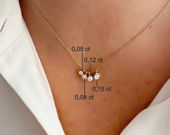 Dainty 14k Gold Diamond Solitaire Necklace: Bezel Set Pendant