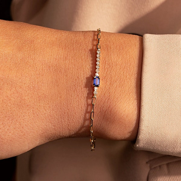 Diamond Bracelet with Blue Sapphire, Minimalist Bezel Set Bracelet For Women, 14k Solid Gold Diamond Bracelet, Dainty Sapphire Bracelet
