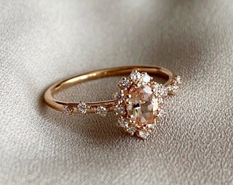 Vintage Morganite and Diamond Engagement Ring, Oval Morganite Bridal Ring Rose Gold, Solid Gold Diamond Halo Ring, Morganite Promise Ring