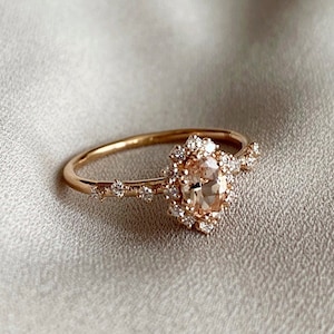 Vintage Morganite and Diamond Engagement Ring, Oval Morganite Bridal Ring Rose Gold, Solid Gold Diamond Halo Ring, Morganite Promise Ring image 1