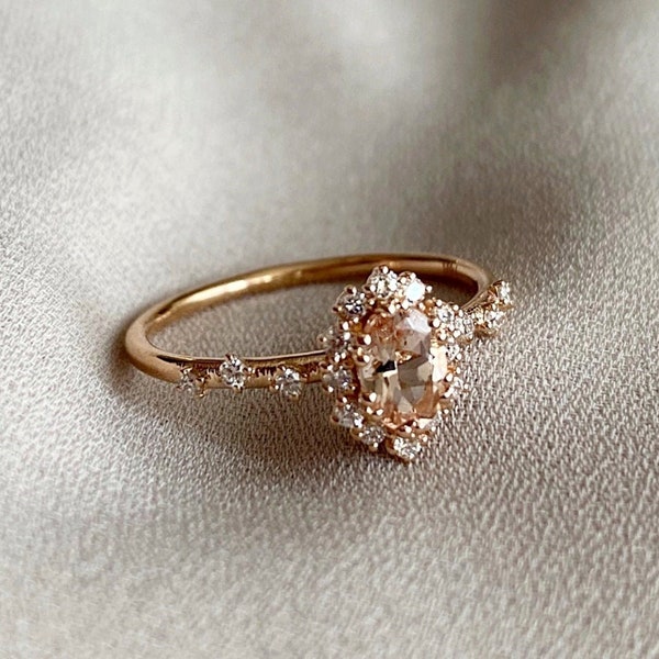 Anillo de compromiso vintage de morganita y diamantes, anillo nupcial de morganita ovalada de oro rosa, anillo de halo de diamantes de oro sólido, anillo de promesa de morganita