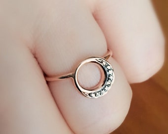 14K Gold Diamond Crescent Moon Ring, Stars & Celestial Jewelry, Half Luna Stacking Ring