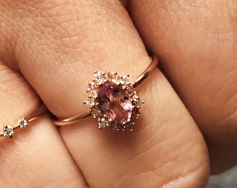 Tourmaline Diamond Halo Ring, Unique Pink Tourmaline Engagement Ring, 14k Solid Gold Minimalist Ring for Women, Alternative Engagement Ring