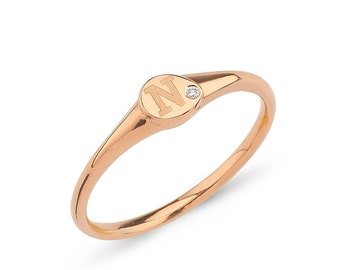 14K Gold Diamond Initial Signet Ring, Personalized Letter Engraved Ring, Minimalist Custom Jewelry