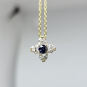 Marquise Diamond and Sapphire Pendant 14k, Solid Gold Marquise Cut Diamond Blue Sapphire Flower Necklace, Minimalist Dainty Bridal Necklace