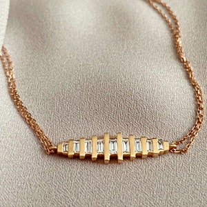 Bracciale a barra con diamanti baguette in oro 14 carati, doppia catena minimalista, bracciale a scala sovrapposto