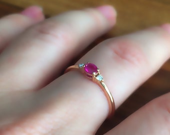 14k Gold Minimalist Oval Ruby and Diamond Engagement Ring, July Birthstone Ring