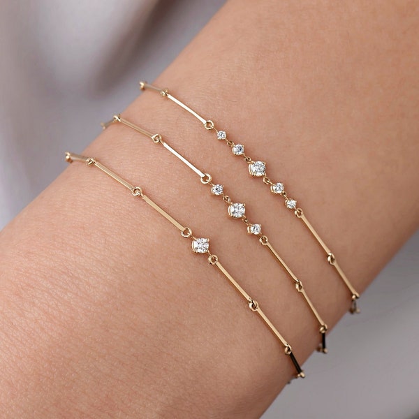 Diamond Bracelet, 14k Gold Bar Diamond Bracelet, Diamond Tennis Bracelet, Dainty Diamond Bracelet For Women, Minimalist Everyday Bracelet