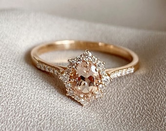 Solid Gold Morganite Engagement Ring, Oval Morganite Diamond Wedding Ring Rose Gold, Diamond Morganite Halo Ring, Morganite Anniversary Ring