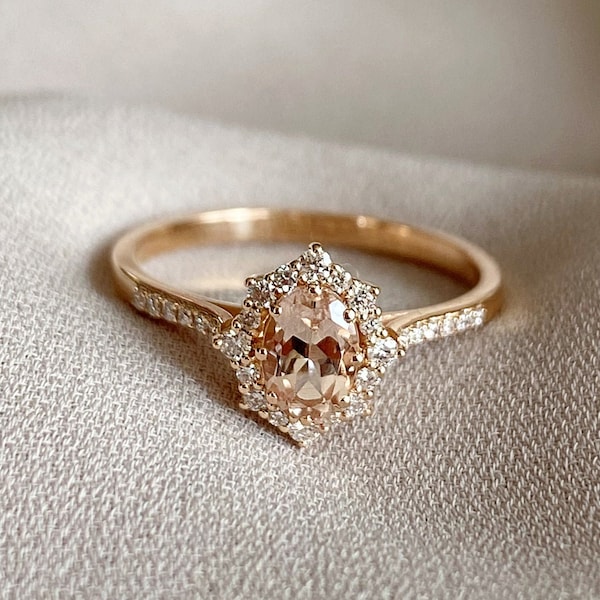 Anillo de compromiso de morganita de oro macizo, anillo de boda de diamantes de morganita ovalada de oro rosa, anillo de halo de morganita de diamantes, anillo de aniversario de morganita