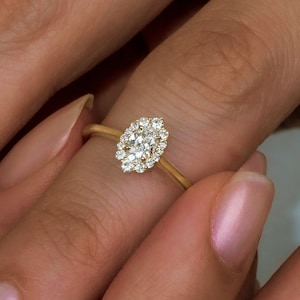 Oval Diamond Halo 14K Gold Engagement Ring: Art Deco Promise Ring for Women