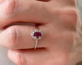 Gold Diamond Halo Ring: Dainty Oval Ruby Engagement Ring